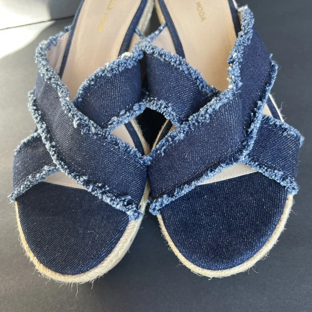PELLE MODA Denim Frayed Blue Slip On Cork Wedge Espadrille Sandals Shoes Sz 9.5